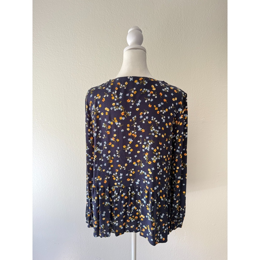 LOFT Women's L Navy Floral Print Faux Wrap V-Neck Long Sleeve Peplum Hem Blouse - Picture 4 of 10